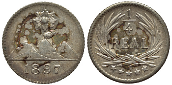 Гватемала 1/4 реала 1897 5 звезд, Испанское правление KM 162 серебро 112-813