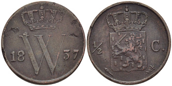 НИДЕРЛАНДЫ 1/2 ЦЕНТА 1837 KM 51 медь 100-266