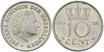 НИДЕРЛАНДЫ 10 ЦЕНТОВ 1958 ЮЛИАНА KM 182 никель 96-453