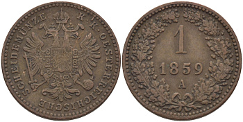 Австрия 1 крейцер 1859 A, Франц Иосиф I (1848-1916) KM 2186 медь 100-129
