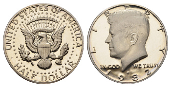 США 1/2 доллара (50 центов) 1982 S, Джон Кеннеди KM A202b медь плакированная медно-никелем PROOF 1523-623