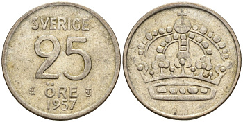 Швеция 25 эре 1957 TS, Густав VI Адольф (1950-1973) KM 824 серебро 4147-1052