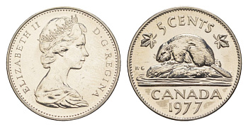 Канада 5 центов 1977 Елизавета II (1952-2022), бобр KM 60.1 никель PROOF-LIKE (BU) 4630-948