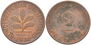ФРГ 2 пфеннига 1974 F KM 106а, J. 381а сталь плакированная медью 55-1225
