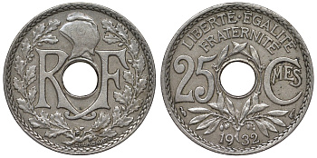Франция 25 сантимов 1932 тип Lindauer KM 867а, Le Franc 171.16 медно-никель 4128-223