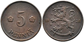ФИНЛЯНДИЯ 5 ПЕННИ 1928 KM 22 медь 4387-429