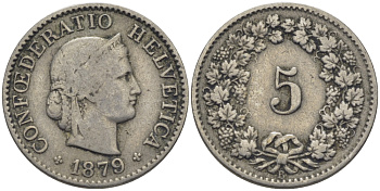 ШВЕЙЦАРИЯ 5 РАППЕНОВ 1879 KM 26 медно-никель 26-731