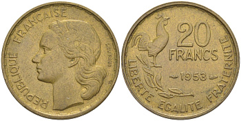 Франция 20 франков 1953 петух, 4 ПЕРА KM 917.1, Le Frank 402.11 алюминиевая бронза 4519-725