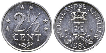 Нидерландские Антилы 2 1/2 цента 1980 Беатрикс (1980-2013) KM 9а алюминий UNC 4610-753