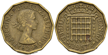Великобритания 3 пенса 1967 Елизавета II (1952-2022) KM 900, Spink 4153 никель латунь 4603-237