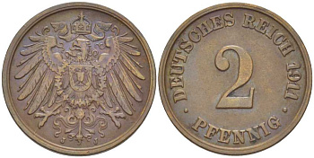ГЕРМАНИЯ 2 ПФЕННИГА 1911 J KM 16, J. 11, Weege 4 медь 206-568