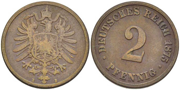 ГЕРМАНИЯ 2 ПФЕННИГА 1875 B, СТАРОГЕРБОВКА KM 2, J. 2, Weege 3 медь 212-531
