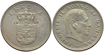 ДАНИЯ 1 КРОНА 1969 C; S, ФРЕДЕРИК IX (1947-1972) KM 851.1 медно-никель 4398-1025