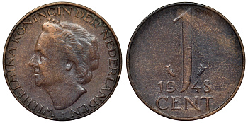 Нидерланды 1 цент 1948 Вильгельмина (1890-1948), год тип KM 175 бронза 71-113