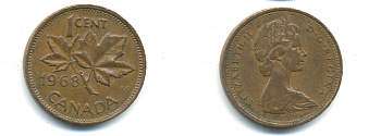 Канада 1 цент 1968 Елизавета II (1952-2022), кленовый лист KM 59.1 бронза 177-1333
