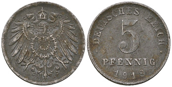 Германия 5 пфеннигов 1918 A, Вильгельм II (1888-1918) KM 19, AKS 17, J 297, Schon DM 20, Neum 33 железо 4588-344