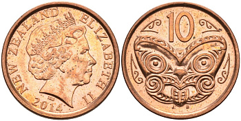 Новая Зеландия 10 центов 2014 маска Маори, Елизавета II (1952-) KM 117а сталь плакированная медью 67-812
