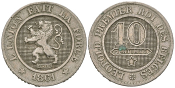 Бельгия 10 сантимов 1861 Леопольд I (1831-1865) KM 22 медно-никель 4615-664