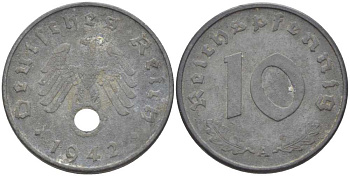 ГЕРМАНИЯ 10 РЕЙХСПФЕННИГОВ 1942 A KM 101, J. 371 цинк 212-822