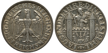 Германия 3 марки 1928 D, 1000 летие основания Динкельсбюля J. 334, KM 59 серебро aUNC 10-005-37