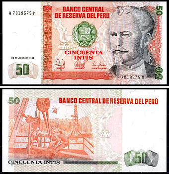 Перу 50 инти 1987 Николас де Пьерола, президент Pick 131 b бумага UNC (пресс) 402-49-1-2