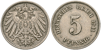 Германия 5 пфеннигов 1911 E KM 11, Jager 12, Weege 6 медно-никель 4608-942