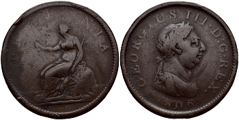 Великобритания 1 пенни 1806 Георг III (1760-1820) Spink 3780, KM 663 медь 4179-413