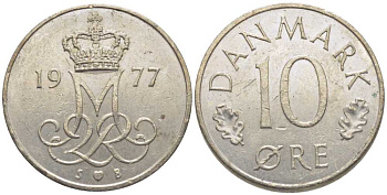 ДАНИЯ 10 ЭРЕ 1977 S; B, МАРГРЕТЕ II (1972-) KM 860.1 медно-никель 116-246