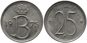Бельгия 25 сантимов 1975 Belgique, Бодуэн I (1951-1993) KM 153.1 медно-никель 99-426