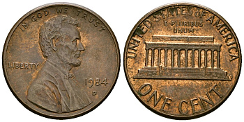 США 1 цент 1984 D, Линкольн KM 201b цинк плакированный медью 4136-238