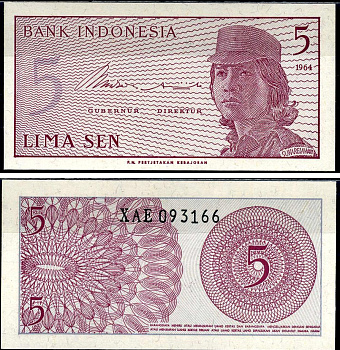 Индонезия 5 сенов 1964 девушка волонтер Pick 91 a  бумага  UNC (пресс) 7487-36-1-1