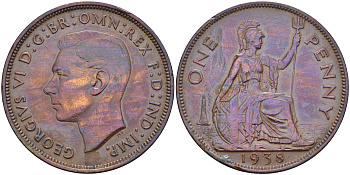 Великобритания 1 пенни 1938 Георг VI (1936-1952) KM 845, Spink 4114 бронза 4590-1233