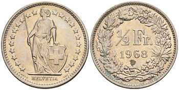 Швейцария 1/2 франка 1968 KM 23a медно-никель 4608-526