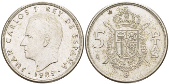 ИСПАНИЯ 5 ПЕСЕТ 1989 ХУАН КАРЛОС I ( 1975-) KM 823 медно-никель 216-654