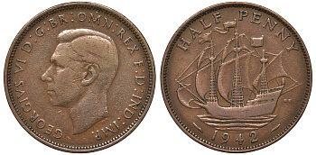 Великобритания 1/2 пенни 1942 Георг VI (1936-1952) KM 844, Spink 4115 бронза 4122-754