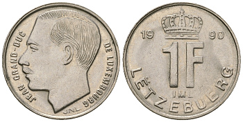 Люксембург 1 франк 1990 Герцог Жан (1964-1999) KM 63 сталь плакированная никелем 4528-938