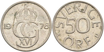 Швеция 50 эре 1976 U, Карл XVI Густав (1973- ) KM 855 медно-никель 73-1435
