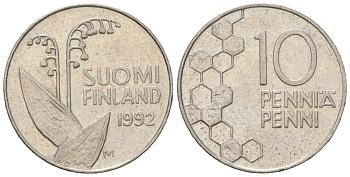 Финляндия 10 пенни 1992 KM 65 медно-никель 4618-223