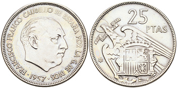 ИСПАНИЯ 25 ПЕСЕТ 1957 (64) ФРАНСИСКО ФРАНКО ДИКТАТОР ИСПАНИИ (1939-1975) KM 787 медно-никель 4589-135