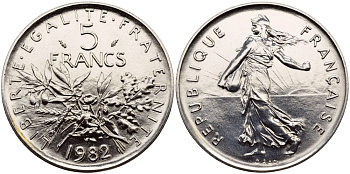Франция 5 франков 1982 сеятель, тираж 59711 экземпляров KM 926a.1, LE FRANC 341.14 медно-никель плакированный никелем  UNC  1530-1413