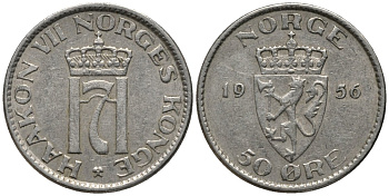 Норвегия 50 эре 1956 Хокон VII (1905-1957) KM 402 медно-никель 4577-751