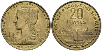 Французское Сомали 20 франков 1952 KM 7 алюминиевая бронза UNC 3711-122