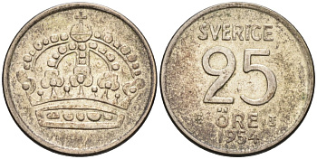Швеция 25 эре 1954 Густав VI Адольф (1950-1973) KM 824 серебро 4585-438