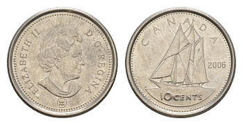 Канада 10 центов 2006 Leaf, Елизавета II (1952-2022), парусник KM 492 сталь плакированная никелем UNC 4630-859