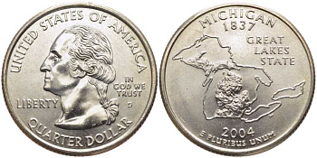 США 25 центов = квотер 2004 D, серия штаты США, Мичиган KM 355 медь плакированная медно-никелем UNC M50-02