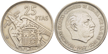 ИСПАНИЯ 25 ПЕСЕТ 1957 (65) ФРАНСИСКО ФРАНКО ДИКТАТОР ИСПАНИИ ( 1939- 1975) KM 787 медно-никель 216-716