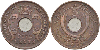 Британская Восточная Африка 5 центов 1937 H, Георг VI (1936-1952) KM 25.1 бронза 202-427
