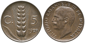 ИТАЛИЯ 5 ЧЕНТЕЗИМО 1929 R, КОЛОС, ВИКТОР ИМАНУИЛ III (1900-1946) KM 59 медь 34-247