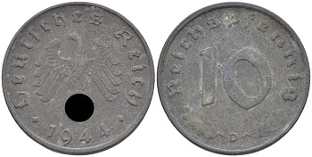ГЕРМАНИЯ 10 РЕЙХСПФЕННИГОВ 1944 D KM 101, J. 371 цинк 4401-534