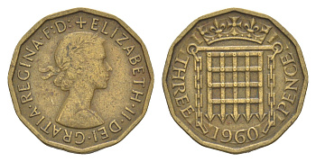 Великобритания 3 пенса 1960 Елизавета II (1952-2022) KM 900, Spink 4153 никель латунь 4571-836